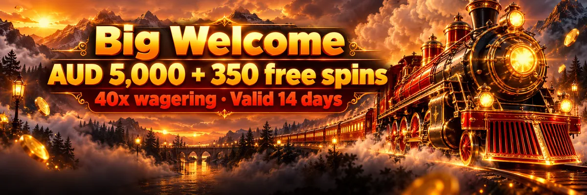 Elaborate steam locomotive with glowing lamps crossing a misty dark landscape, rendered in metallic orange and red with a clear left-aligned text area